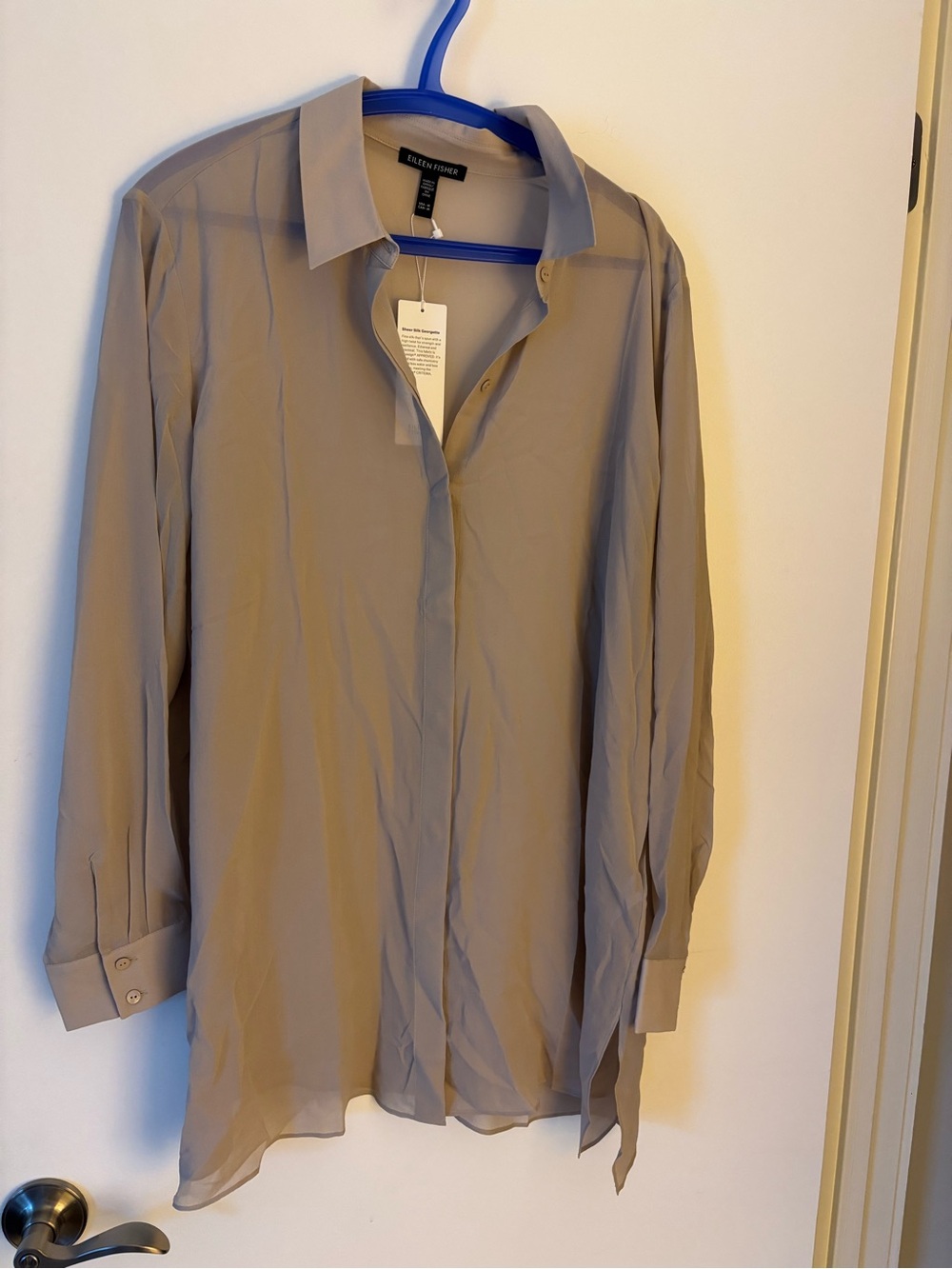 Eileen Fisher Taupe Women’s Long-Sleeve Sheer Sexy Button-Down Shirt